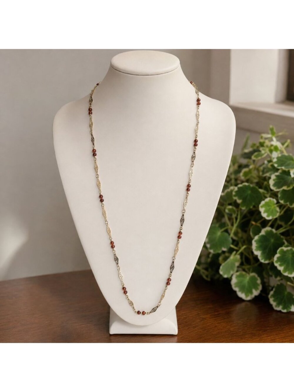 Filigree Beaded Necklace 31 inch Gold Tone Brown Boho Minimalist Chain
